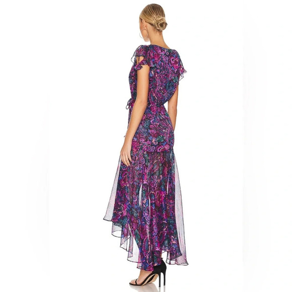 NWT MISA Colette Midi Flutter Sleeve Dress Floral  Ruched Size XS Flora Electric - Picture 2 of 11